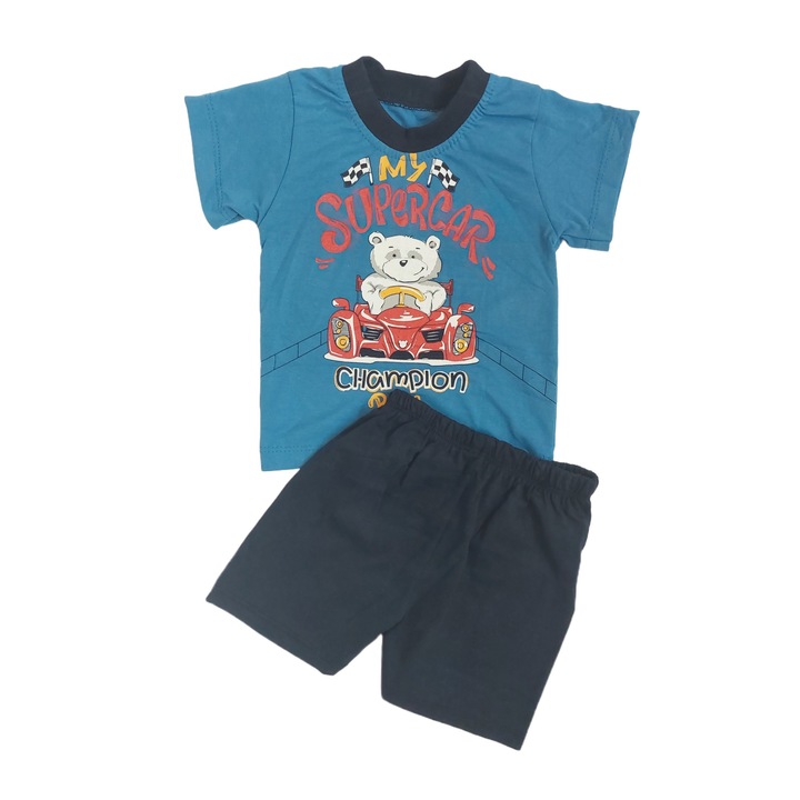 Set 2 piese, tricou Supercar si pantaloni scurti, Bumbac, Minimika Baby, Albastru/Bleumarin
