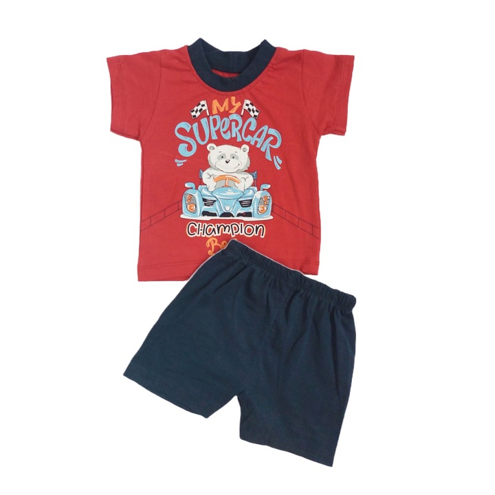Set 2 piese, tricou Supercar si pantaloni scurti, Bumbac, Minimika Baby, Rosu/Bleumarin
