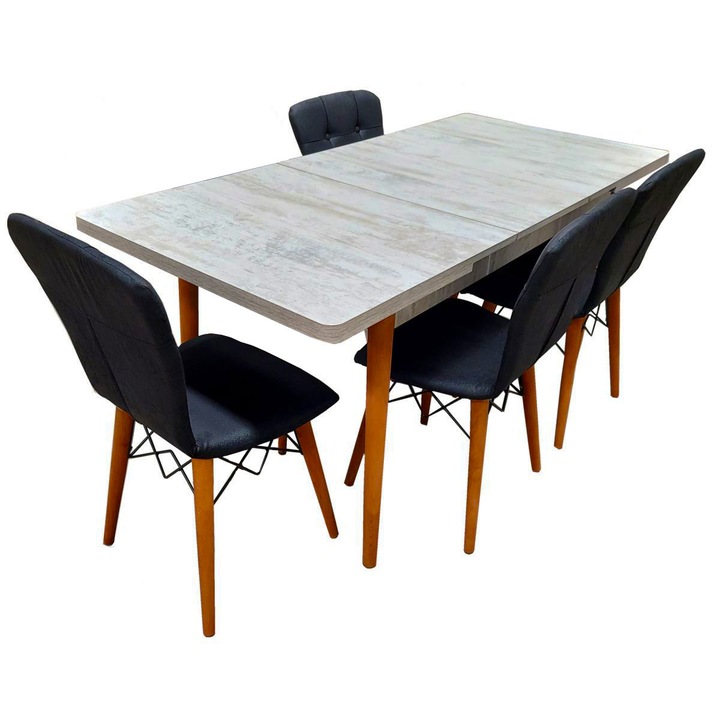 Set masa extensibila cu 4 scaune tapitate Homs cristal alb-negru 110 x 70 cm