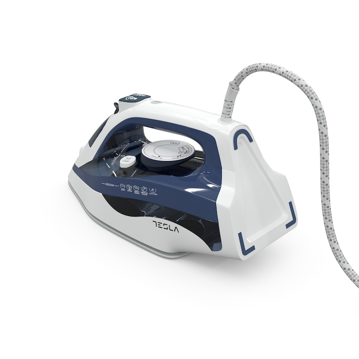 Fier de calcat Tesla IR301BL, 2600 W, talpa ceramica, rezervor 400 ml, 25g/min, Functie Anti-Calcar, Functie Anti-Picurare, cablu 1.9 m, Albastru/Alb