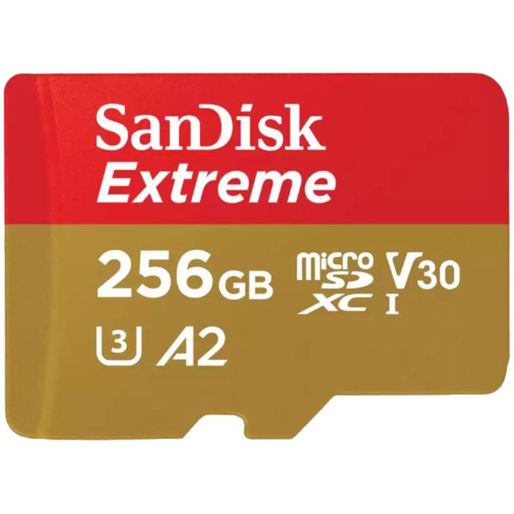 Card de memorie SanDisk Extreme microSDXC 256GB, pana la 190MB/s & 130MB/s Read/Write speeds A2 C10 V30 UHS-I U3