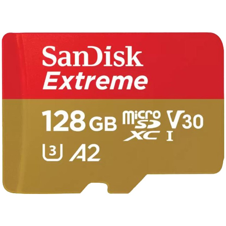 Карта памет SanDisk Extreme microSDXC 128GB, 190MB/s & 90MB/s Скорости на четене/запис A2 C10 V30 UHS-I U3