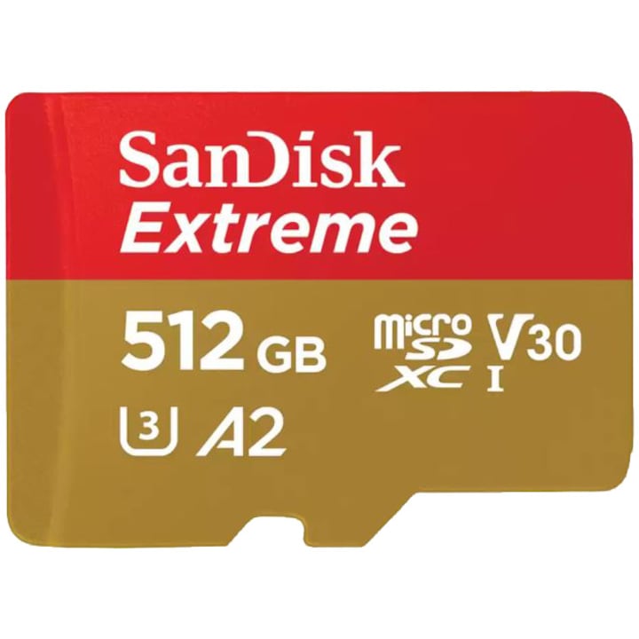 Карта памет SanDisk Extreme microSDXC 512GB, 190MB/s & 130MB/s Скорости на четене/запис A2 C10 V30 UHS-I U3