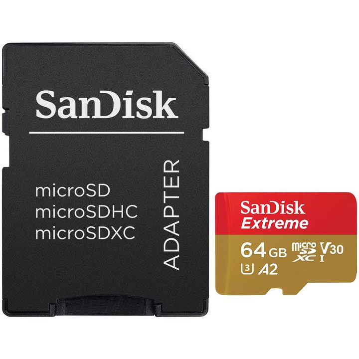 Карта памет SanDisk Extreme microSDXC 64GB, До 170MB/s & 80MB/s Read/Write speeds A2 C10 V30 UHS-I U3 + SD адаптер