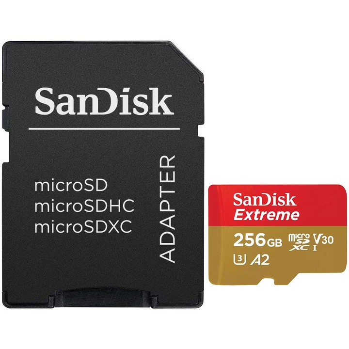 Карта памет SanDisk Extreme microSDXC 256GB, До 190MB/s & 130MB/s Read/Write speeds A2 C10 V30 UHS-I U3 + SD адаптер