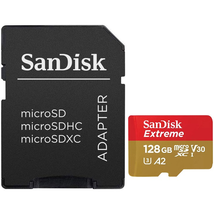 SanDisk Extreme microSDXC Memóriakártya, 128 GB, akár 190 MB/s és 90 MB/s olvasási/írási sebesség, A2 C10 V30 UHS-I U3+ SD adapter