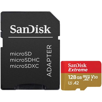 Card de memorie SanDisk Extreme microSDXC 128GB, pentru Action Cams and Drones, pana la 190MB/s & 90MB/s Read/Write speeds A2 C10 V30 UHS-I U3 + SD Adapter