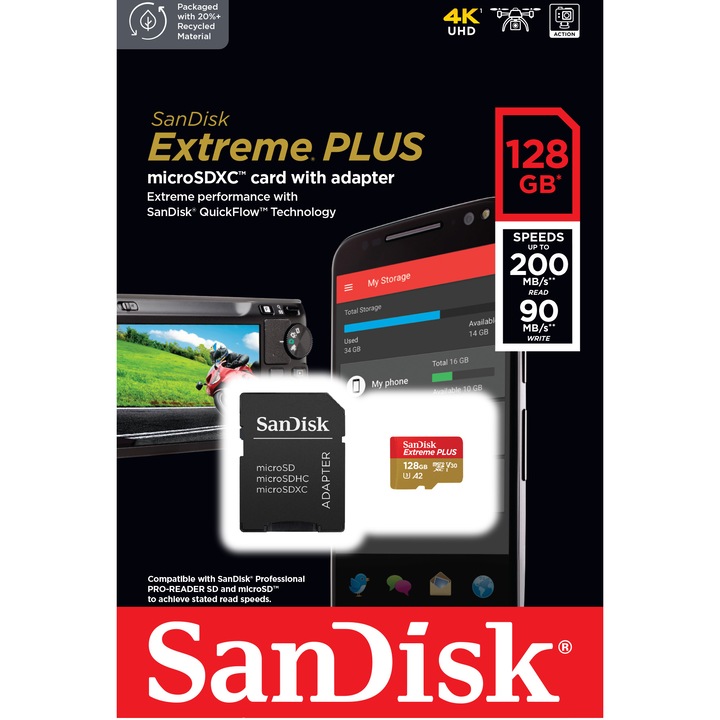 Card de memorie SanDisk Extreme PLUS microSDXC 128GB, pana la 200MB/s & 90MB/s Read/Write speeds A2 C10 V30 UHS-I U3 + SD Adapter
