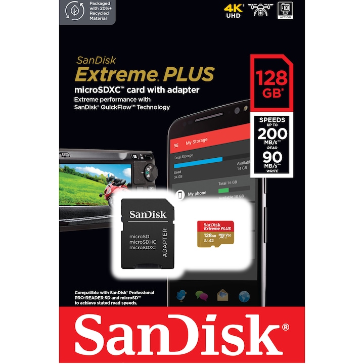Карта памет SanDisk Extreme PLUS microSDXC 128GB, До 200MB/s & 90MB/s Read/Write speeds A2 C10 V30 UHS-I U3 + SD адаптер