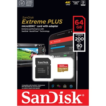 Card de memorie SanDisk Extreme PLUS microSDXC 64GB, pana la 200MB/s & 90MB/s Read/Write speeds A2 C10 V30 UHS-I U8 + SD Adapter