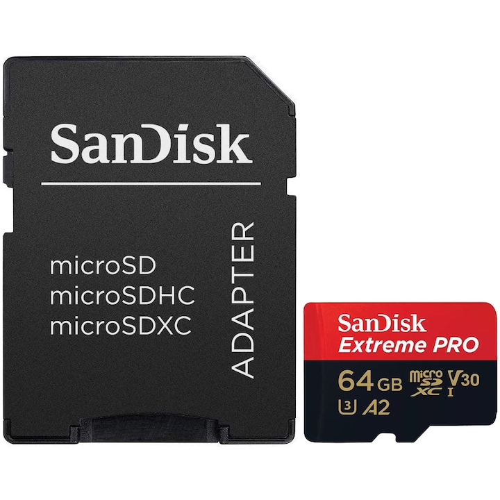 Карта памет SanDisk Extreme PRO microSDXC 64GB, До 200MB/s & 90MB/s Read/Write speeds A2 C10 V30 UHS-I U3 + SD адаптер