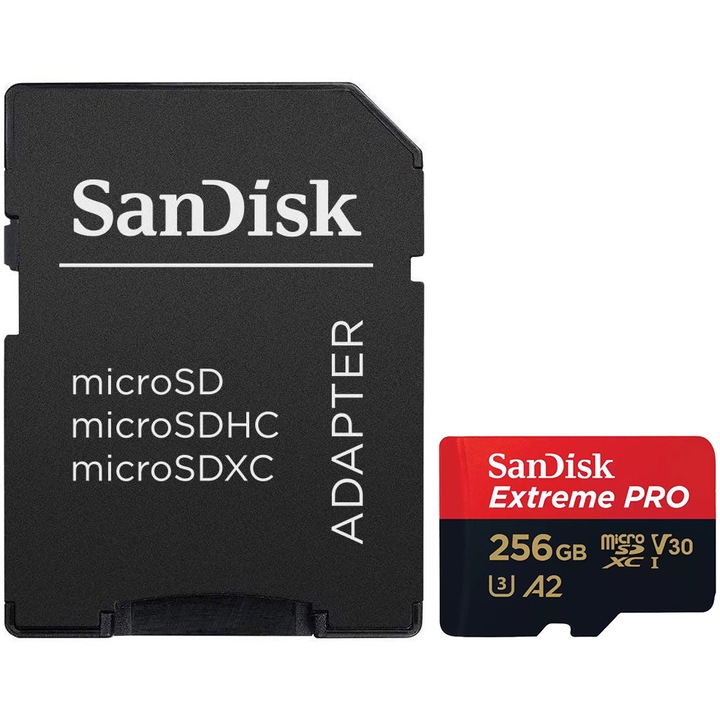 Карта памет SanDisk Extreme PRO microSDXC 256GB, До 200MB/s & 140MB/s Read/Write speeds A2 C10 V30 UHS-I U3 + SD адаптер