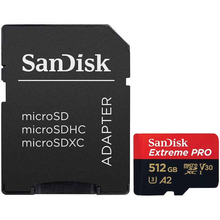 Карта памет SanDisk Extreme PRO microSDXC 512GB, До 200MB/s & 140MB/s Read/Write speeds A2 C10 V30 UHS-I U3 + SD адаптер