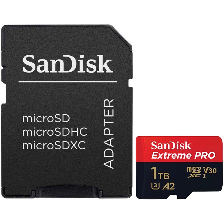 Card de memorie SanDisk Extreme PRO microSDXC 1TB, pana la 200MB/s & 140MB/s Read/Write speeds A2 C10 V30 UHS-I U3 + SD Adapter