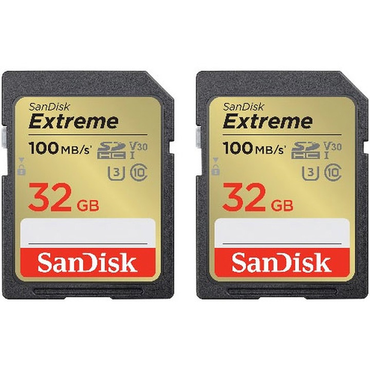 Карта памет SanDisk Extreme 32GB SDHC, До 100MB/s & 60MB/s Read/Write speeds, UHS-I, Клас 10, U3, V30, Twin-pack