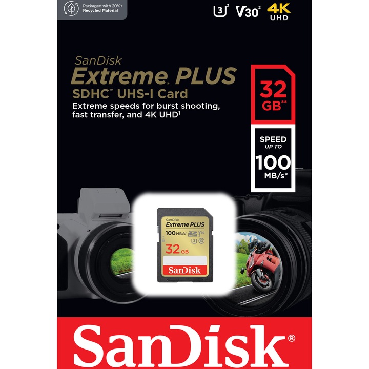 Карта памет SanDisk Extreme PLUS 32GB SDHC, До 100MB/s & 60MB/s Read/Write speeds, UHS-I, Class 10, U3, V30