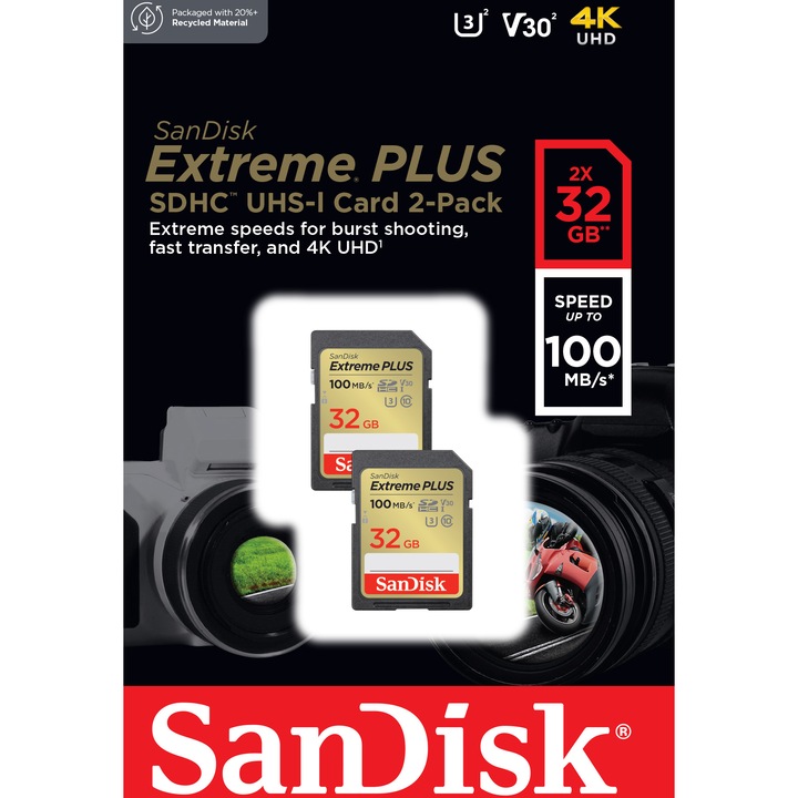 Карта памет SanDisk Extreme PLUS 32GB SDHC, До 100MB/s & 60MB/s Read/Write speeds, UHS-I, Клас 10, U3, V30 , Twin-pack
