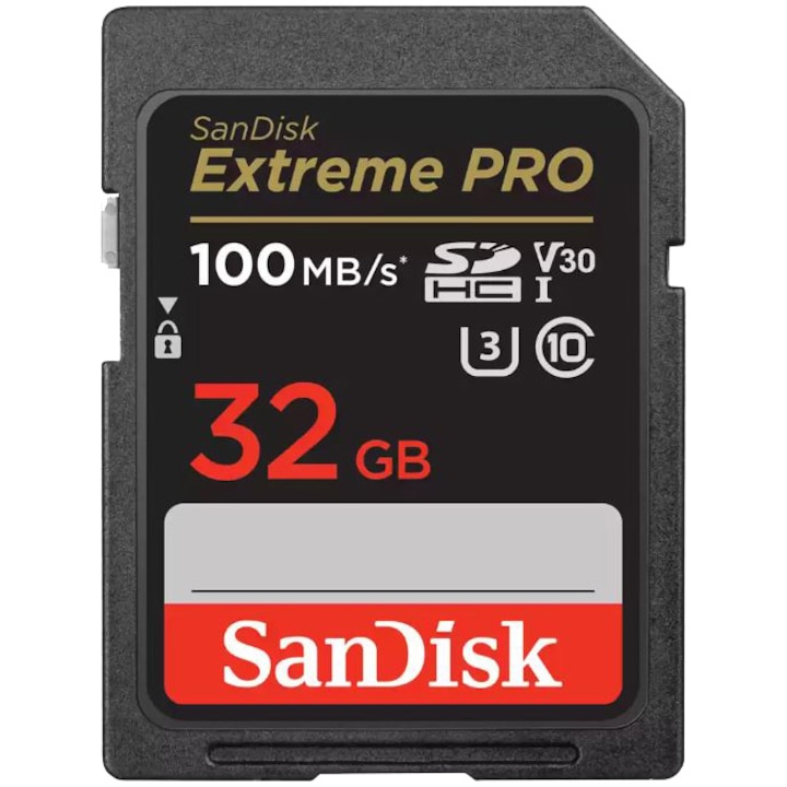 Card de memorie SanDisk Extreme PRO 32GB SDHC pana la 100MB/s & 90MB/s Read/Write speeds, UHS-I, Class 10, U3, V30