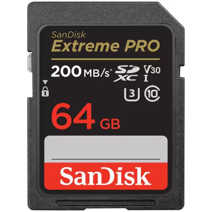 Карта памет SanDisk Extreme PRO 64GB SDXC До 200MB/s & 90MB/s Read/Write speeds, UHS-I, Class 10, U3, V30