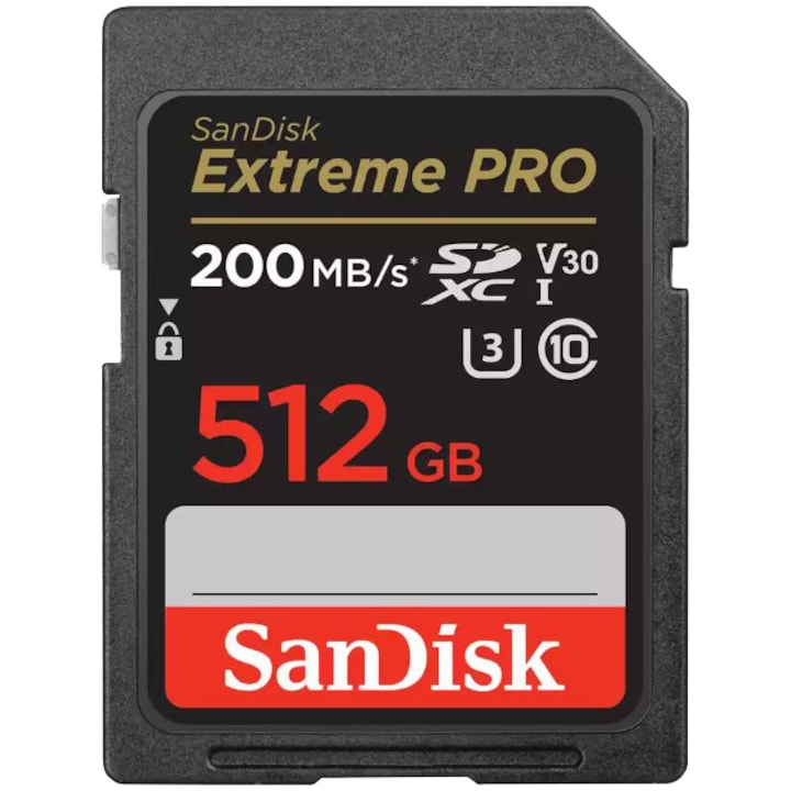 Card de memorie SanDisk Extreme PRO 512GB SDXC pana la 200MB/s & 140MB/s Read/Write speeds, UHS-I, Class 10, U3, V30