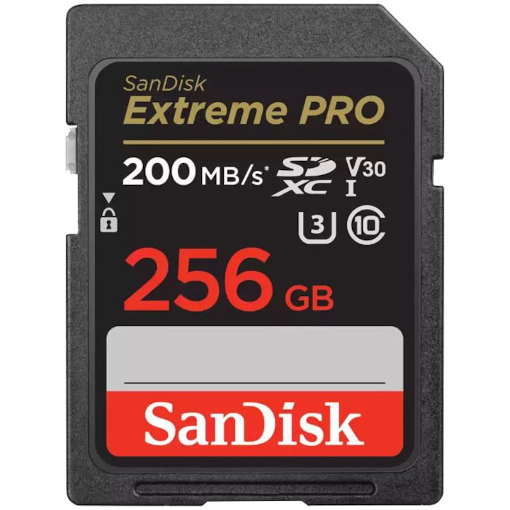 Card de memorie SanDisk Extreme PRO 256GB SDXC pana la 200MB/s & 140MB/s Read/Write speeds, UHS-I, Class 10, U3, V30