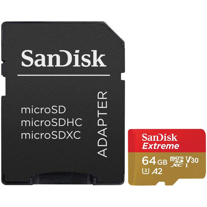 Card de memorie SanDisk Extreme microSDXC 64GB, pentru Action Cams and Dronespana la 170MB/s & 80MB/s Read/Write speeds A2 C10 V30 UHS-I U3 + SD Adapter