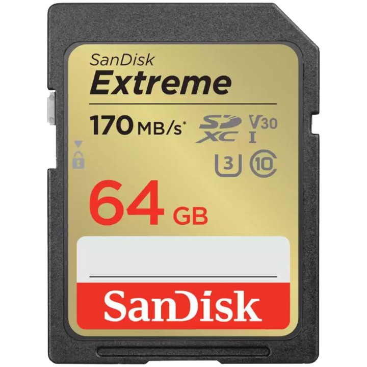 Card de memorie SanDisk Extreme 64GB SDXC pana la 170MB/s & 80MB/s Read/Write speeds, UHS-I, Class 10, U3, V30
