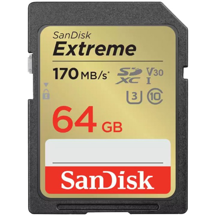 Карта памет SanDisk Extreme 64GB SDXC, До 170MB/s & 80MB/s Read/Write speeds, UHS-I, Class 10, U3, V30