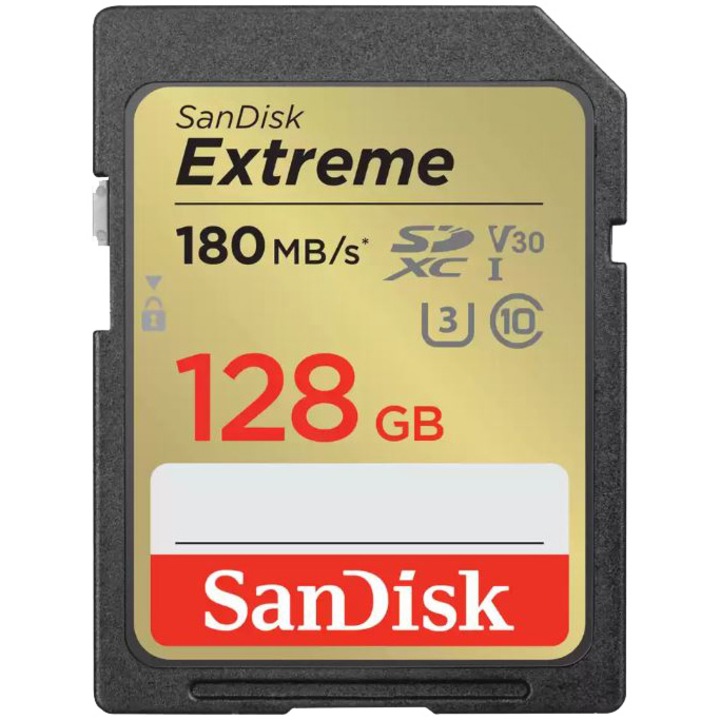 Карта памет SanDisk Extreme 128GB SDXC, До 180MB/s & 90MB/s Read/Write speeds, UHS-I, Class 10, U3, V30