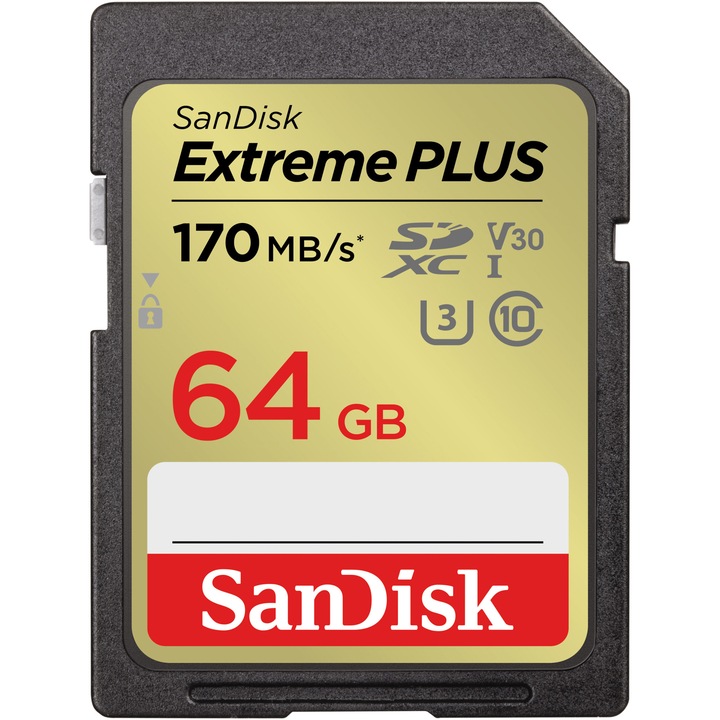 Card de memorie SanDisk Extreme PLUS 64GB SDXC pana la 170MB/s & 80MB/s Read/Write speeds, UHS-I, Class 10, U3, V30