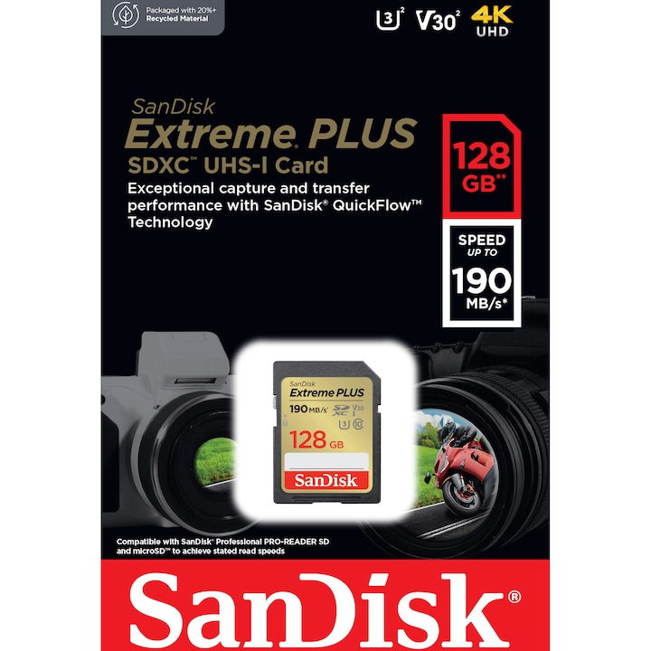 Card de memorie SanDisk Extreme PLUS 128GB SDXC pana la 190MB/s & 90MB/s Read/Write speeds, UHS-I, Class 10, U3, V30