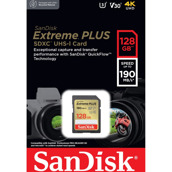 Card de memorie SanDisk Extreme PLUS 128GB SDXC pana la 190MB/s & 90MB/s Read/Write speeds, UHS-I, Class 10, U3, V30