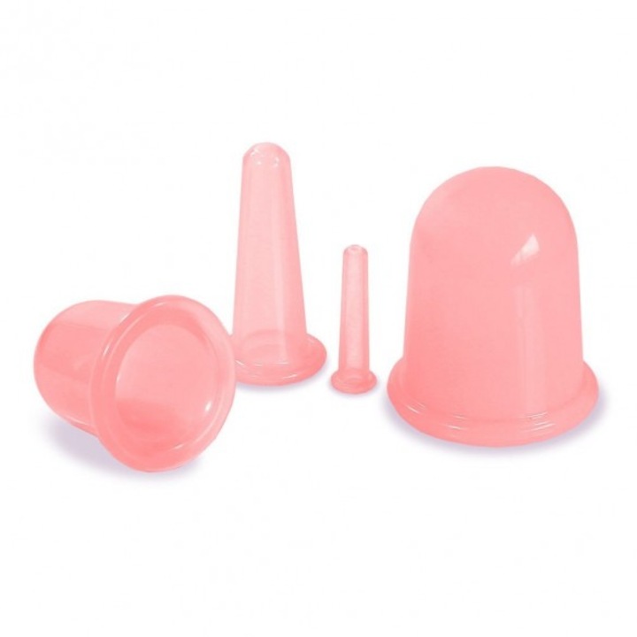 Set 4 Ventuze din Silicon Moale pentru masaj Facial si Corporal Dimensiuni Mini, Mica, Medie si Mare Roz