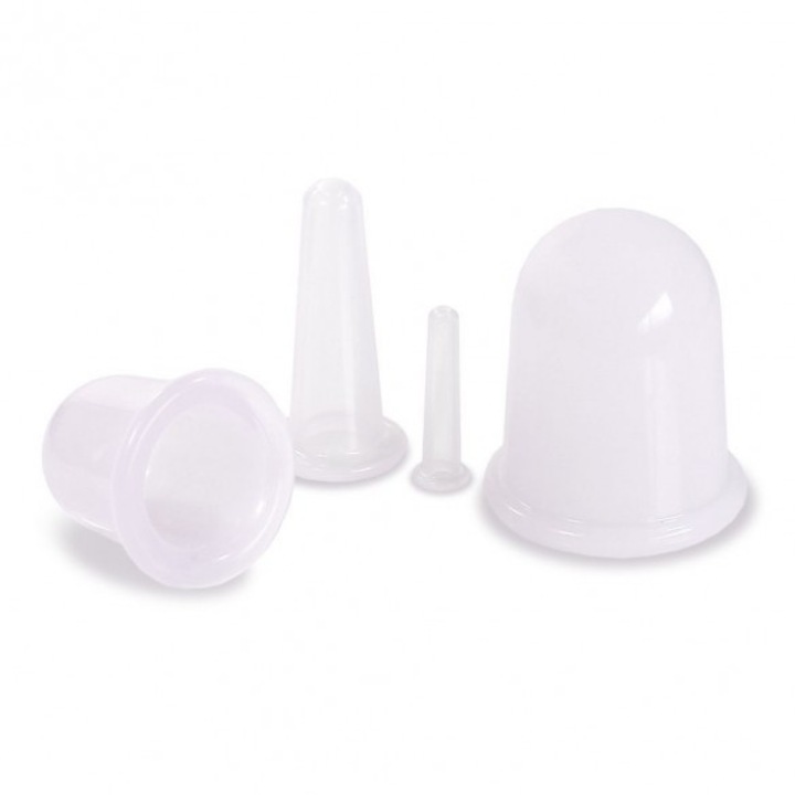 Set 4 Ventuze din Silicon Moale pentru masaj Facial si Corporal Dimensiuni Mini, Mica, Medie si Mare Alb