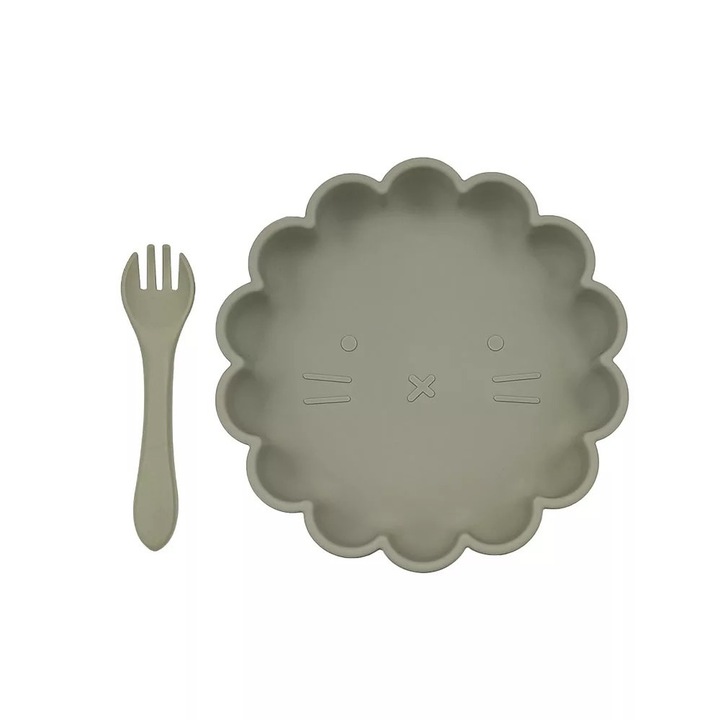 Baba diverzifikációs készlet tapadókoronggal és villával ellátott tányérból, szilikonból, olíva színű