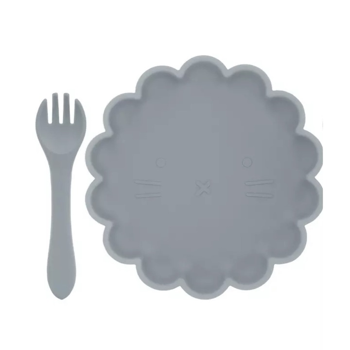 Бебешки комплект, състоящ се от чиния с вендуза и вилица, изработени от силикон, цвят сиво-син