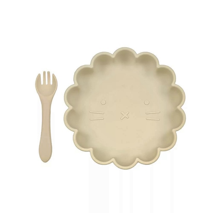 Бебешки комплект за хранене, състоящ се от чиния с вендуза и вилица, изработени от силикон, бежов цвят