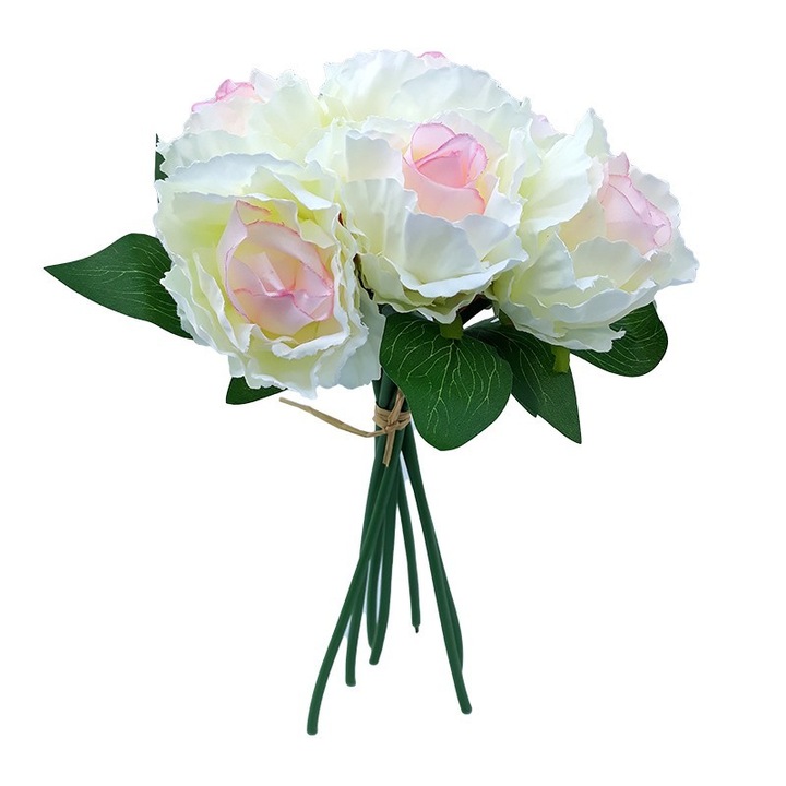 Trandafiri decorativi, Buchet 7 bucati, Plastic, 20x30cm, Alb-Roz