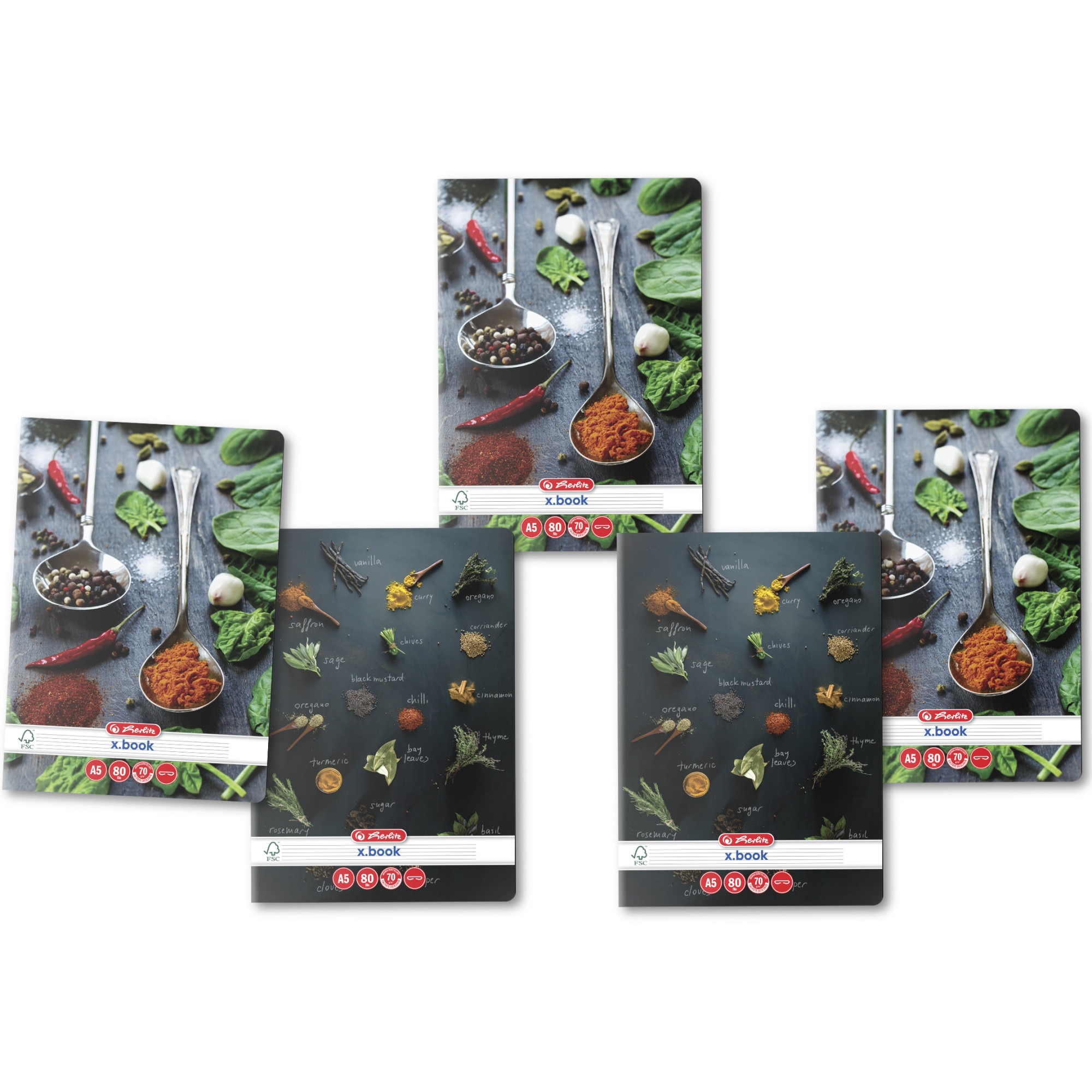 Set 5 Caiet Herlitz, A5 80 file, 70g/mp, dictando, colturi rotunjite, motiv Spices
