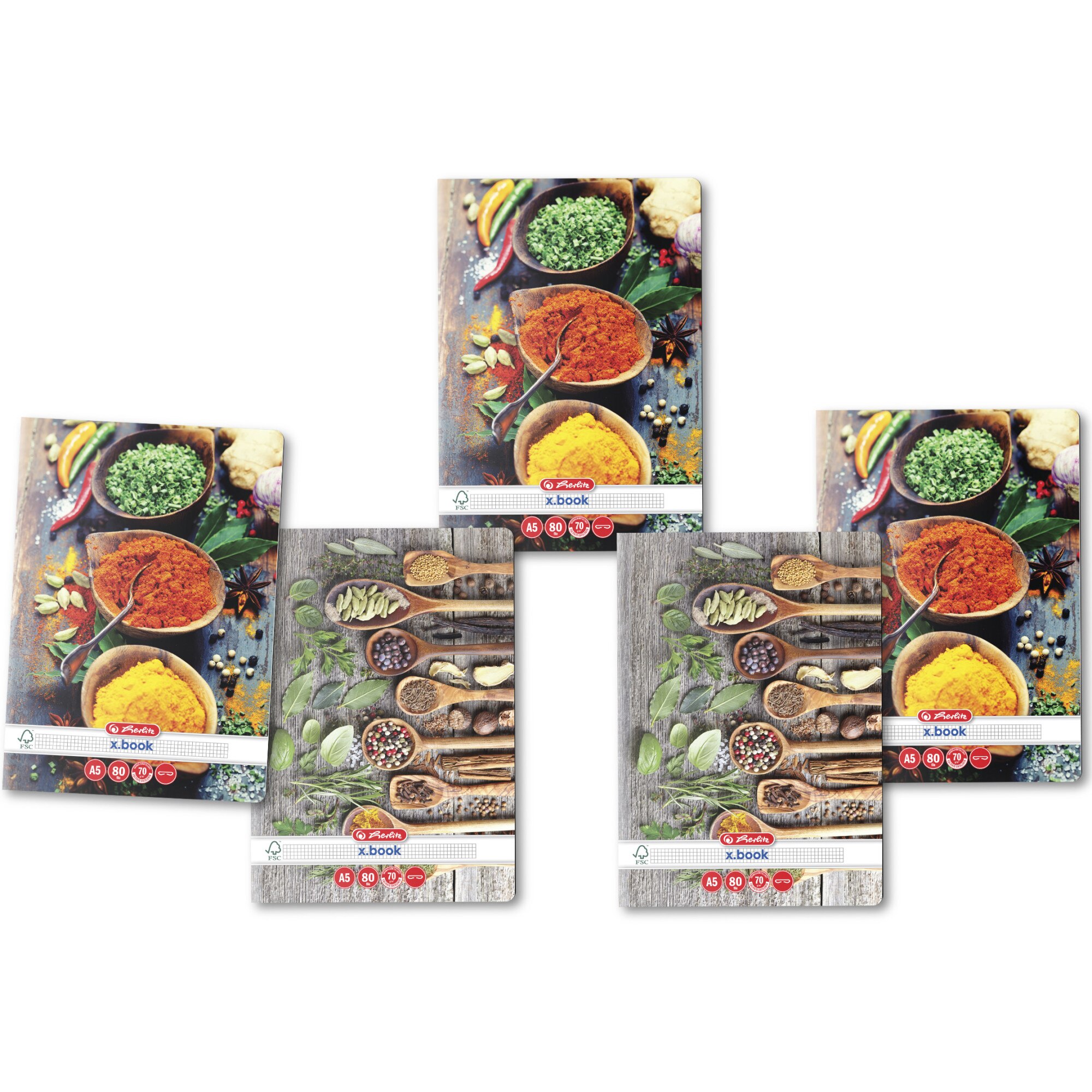 Set 5 Caiet Herlitz, A5 80 file, 70g/mp, patratele, colturi rotunjite, motiv Spices