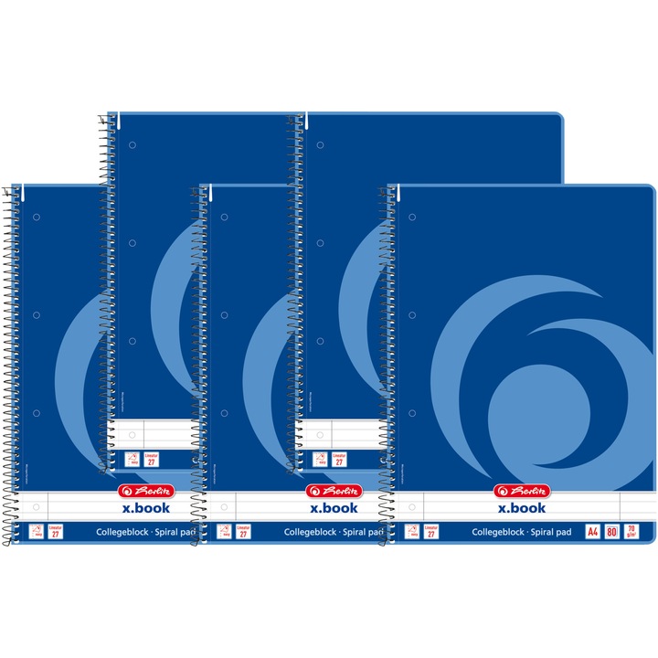 Set 5 Caiet Herlitz, A4, cu spira simpla, 80 file, 70g/mp, perforatii si microperforatii, dictando - X.Book (College)