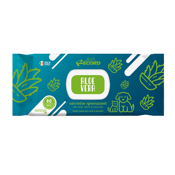 Servetele antibacteriene pentru animale, Record, Aloe Vera, 80 buc