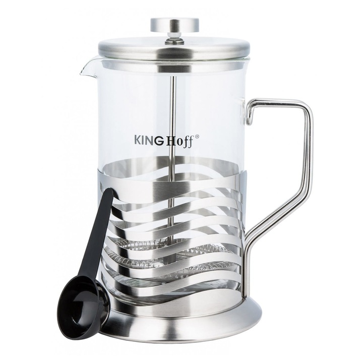 French Press Tea Infuser, KINGHOFF, KH-4833, rozsdamentes acél/üveg, 350 ml, ezüst/átlátszó