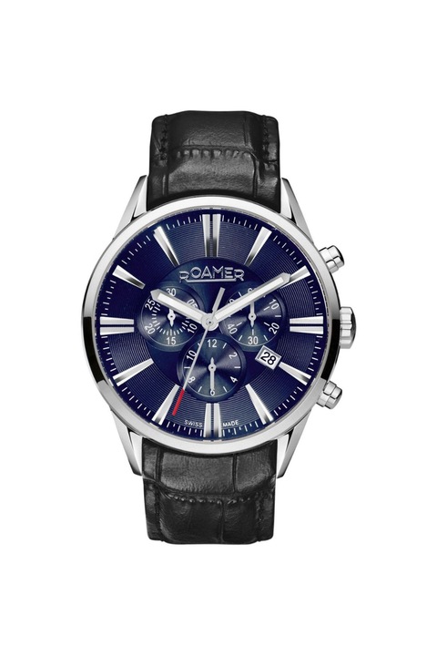 Мъжки часовник хронограф, Roamer, 44 mm, кварцов механизъм, аналогов, неръждаема стомана/кожа, черен/син