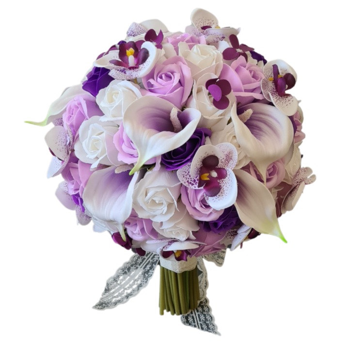 Buchet de mireasa din trandafiri de sapun, lalele, cale si orhidei