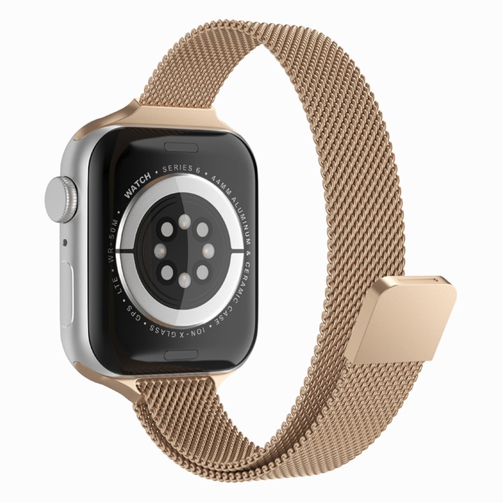 Магнитна гривна, съвместима с Apple Watch 1 / 2 / 3 / 4 / 5 / 6 / 7 / SE 38mm / 40 mm / 41 mm, смарт часовник, Metal W034, Gold
