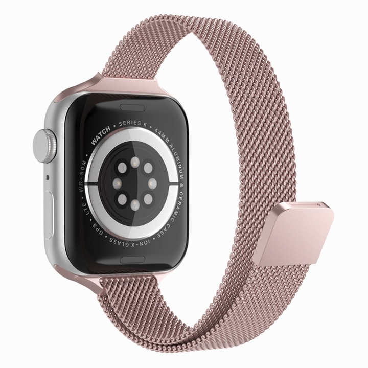 Магнитна гривна, съвместима с Apple Watch 1 / 2 / 3 / 4 / 5 / 6 / 7 / SE 38mm / 40 mm / 41 mm, смарт часовник, Metal W034, Rose