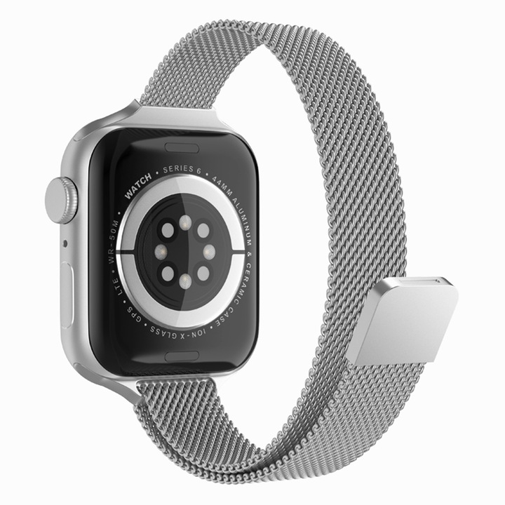 Магнитна гривна, съвместима с Apple Watch 1 / 2 / 3 / 4 / 5 / 6 / 7 / SE 38mm / 40 mm / 41 mm, смарт часовник, Metal W034, Silver