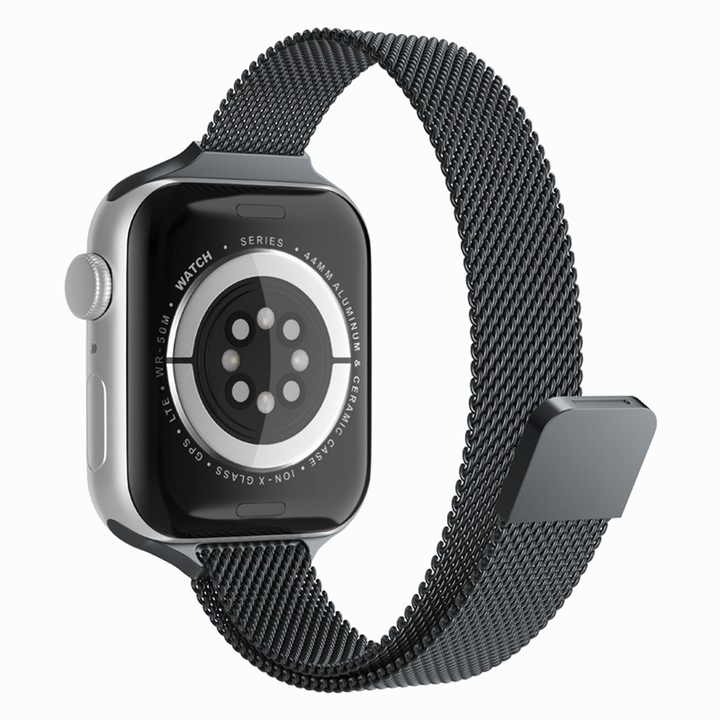 Магнитна гривна, съвместима с Apple Watch 1 / 2 / 3 / 4 / 5 / 6 / 7 / SE 38mm / 40 mm / 41 mm, смарт часовник, Metal W034, Черен