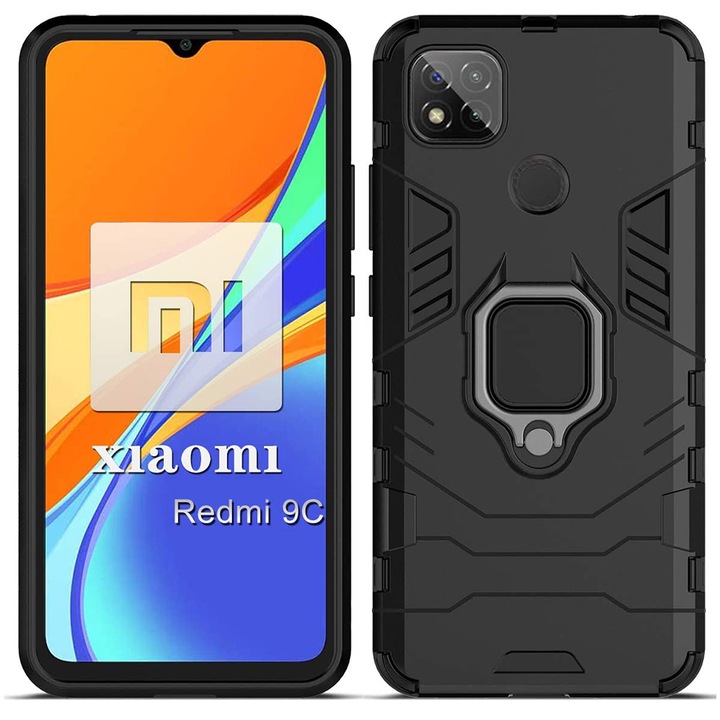 Противоударно покритие за Xiaomi Redmi 9C / Redmi 9C NFC, Atlantic - Silicone Shield с ринг и метална пластина, черно